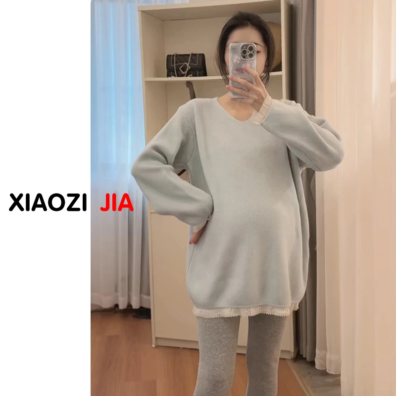 孕妇秋冬装时尚款2025新款洋气花边袖毛衣中长款秋冬季加厚上衣