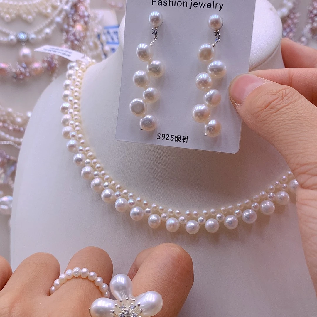 未镶嵌耳饰淡水珍珠项链戒指套装