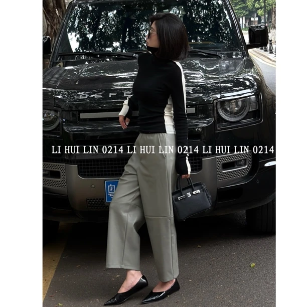 LIHUILIN/【进口蛋白皮】法式慵懒松加绒松弛感九分皮裤