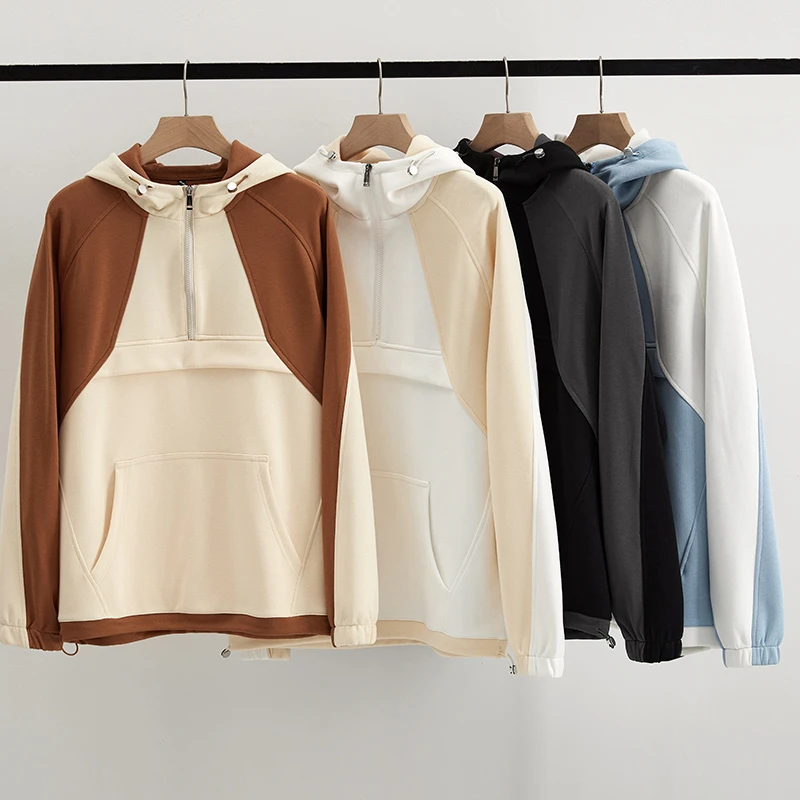 稻草人2025秋季高品质纯棉潮牌百搭半拉链长袖拼色连帽衫卫衣男女