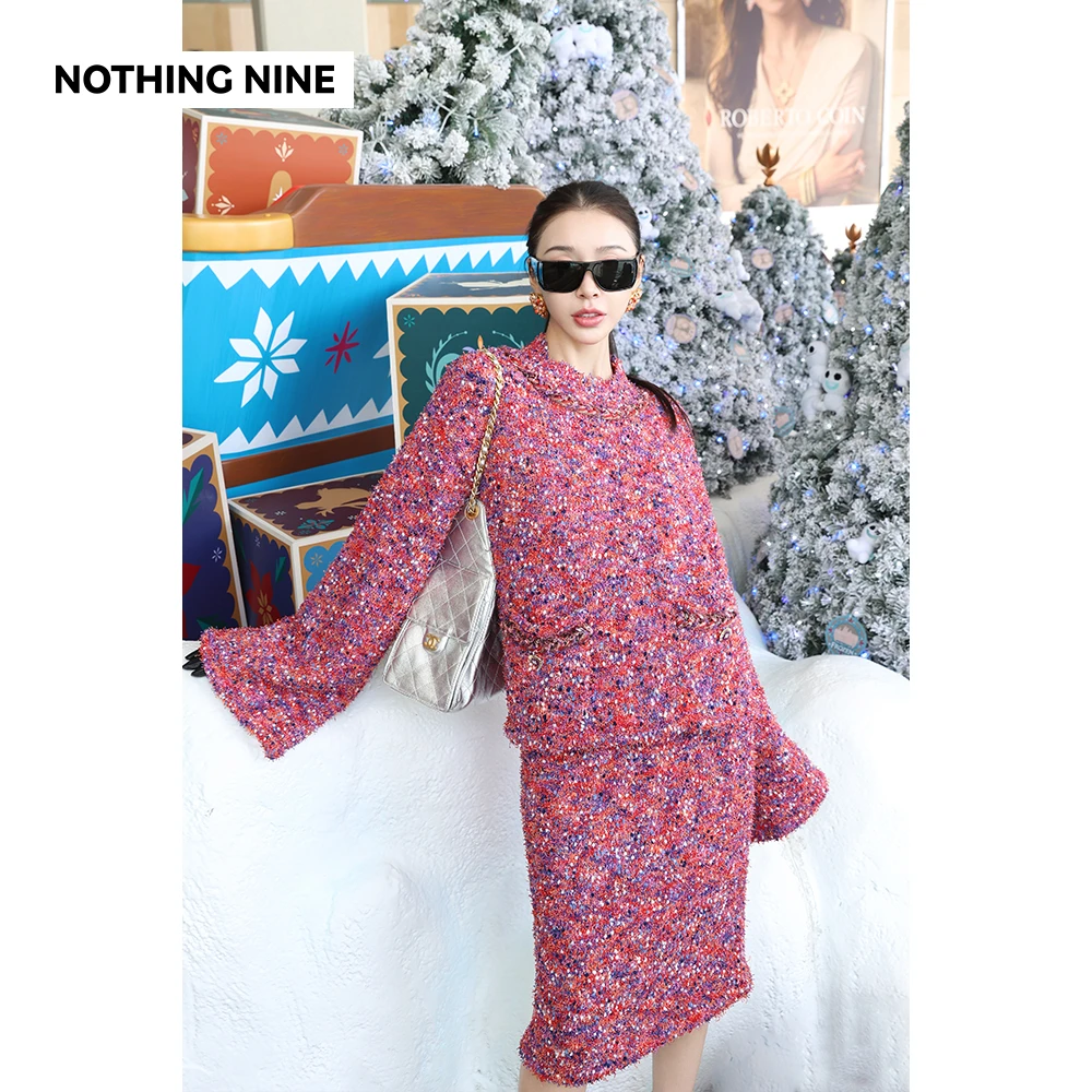 NOTHING NINE 莓果甜心毛织套装上衣/半裙