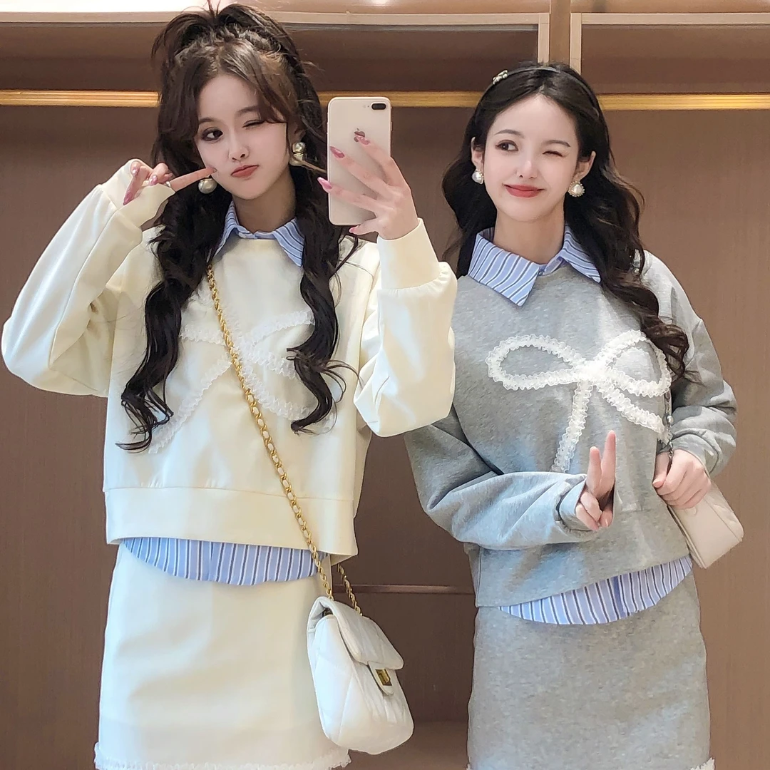 艾日秀2025春季韩版条纹衬衫圆领卫衣小个子半身裙三件套E8648
