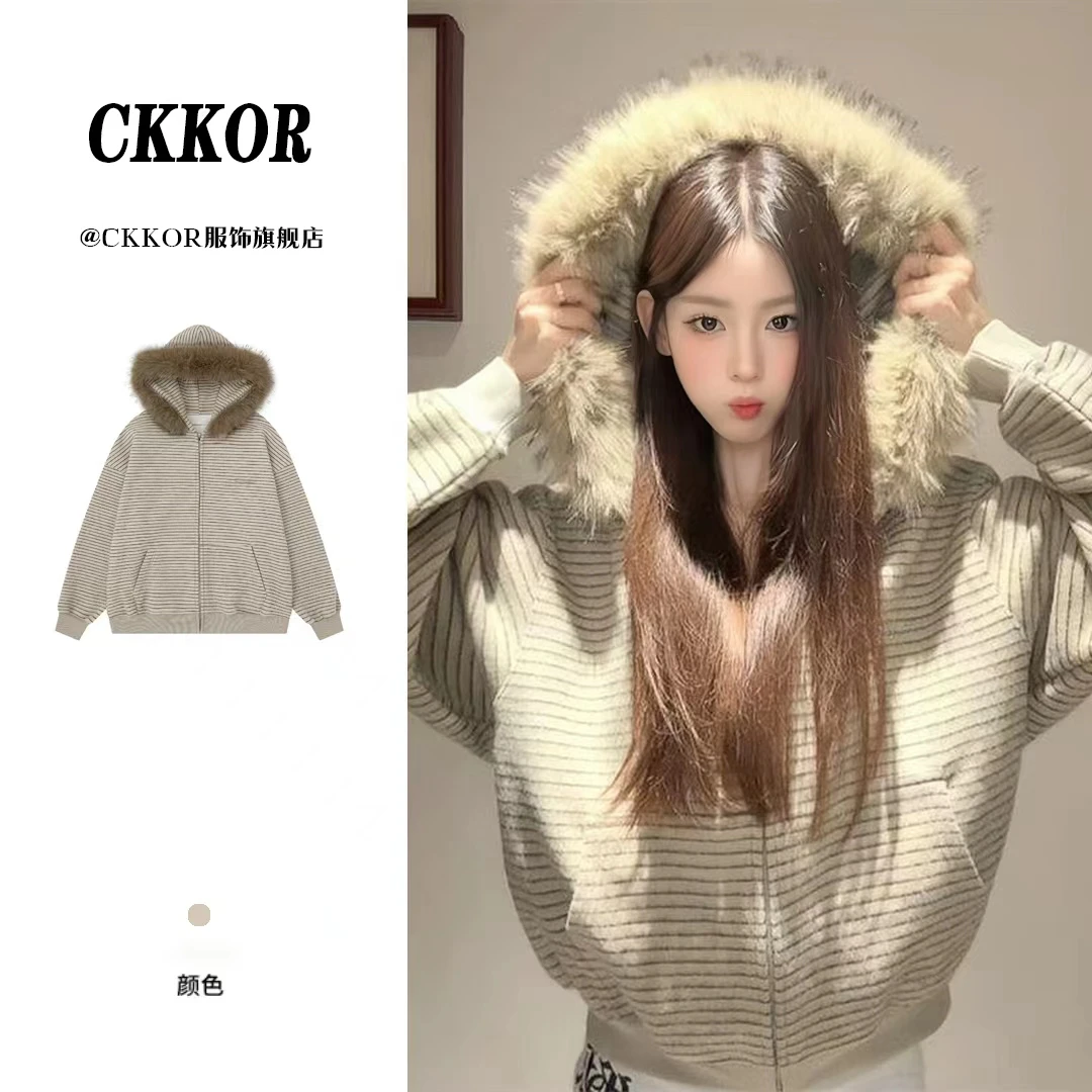 CKKOR毛领连帽棉服秋冬毛呢外套女条纹宽松慵懒风加绒加厚上衣服