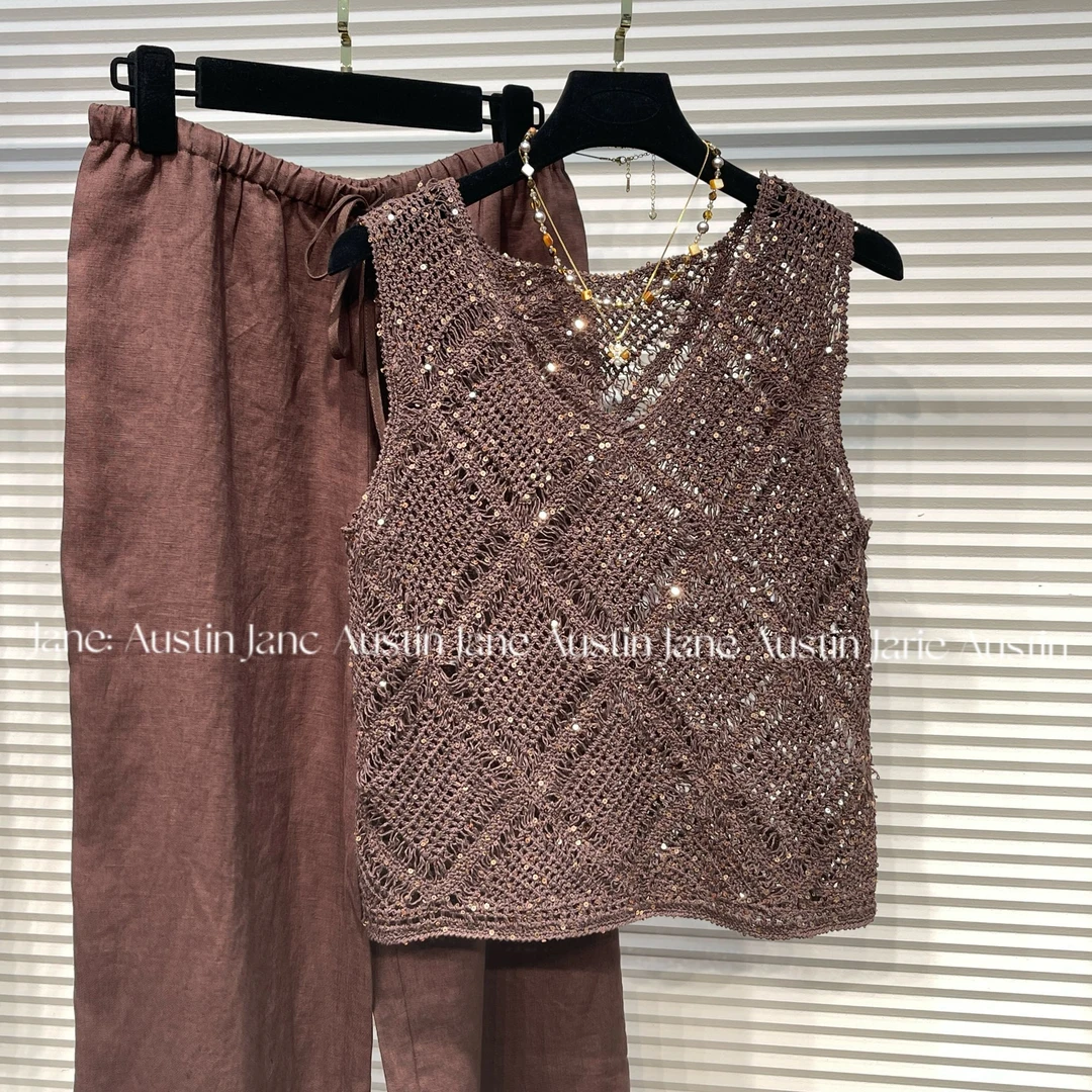 Jane Austin •（焦糖滤镜）2025珠片纱显瘦长袖百搭潮流修身镂空女