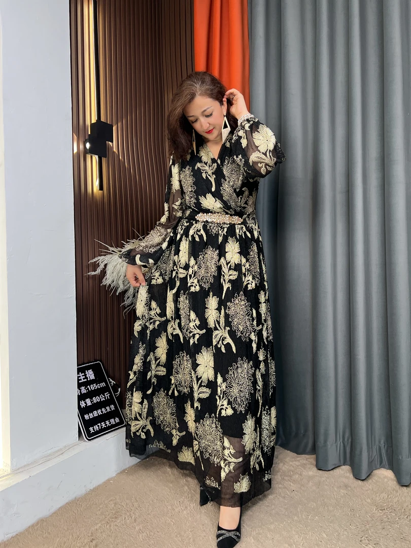 【GLORA原创设计】法式长裙烟青连衣裙印花高档风连衣裙风长袖0804