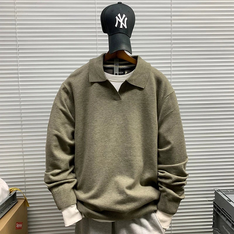 老钱风翻领简约纯色毛衣外套男士秋冬新款休闲舒适百搭打底针织衫