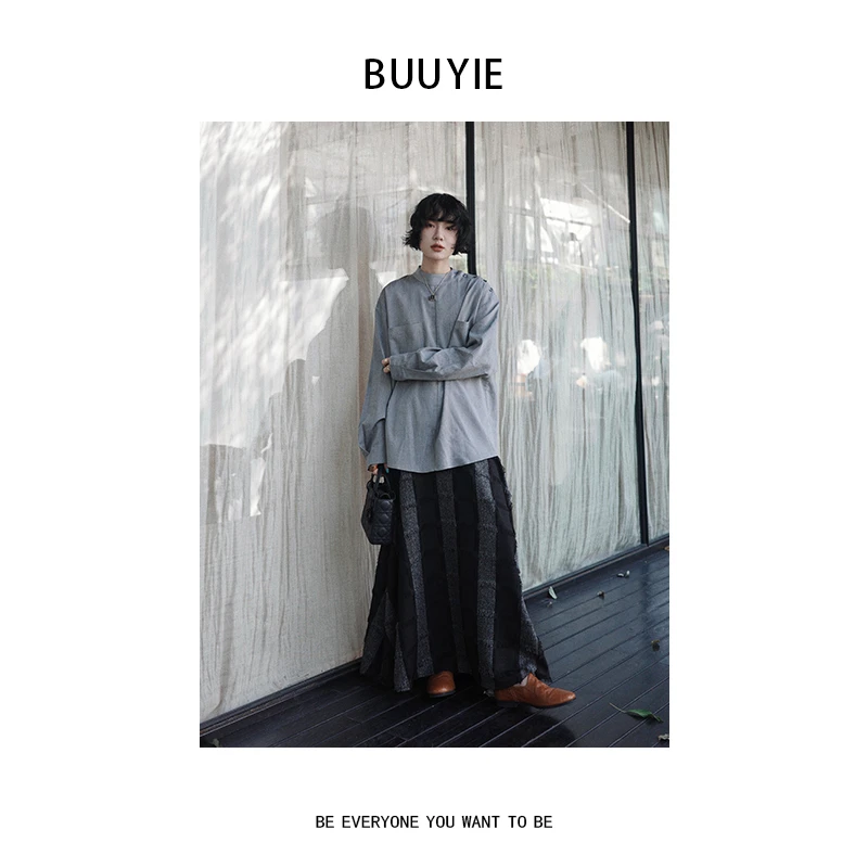 BUUYIE 25SS【序言】时尚气质极简风亚麻灰色套头长袖衬衣 250224