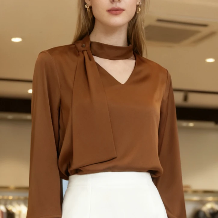 25007女士春秋长袖显瘦气质通勤风纯色衬衫时尚小众上衣