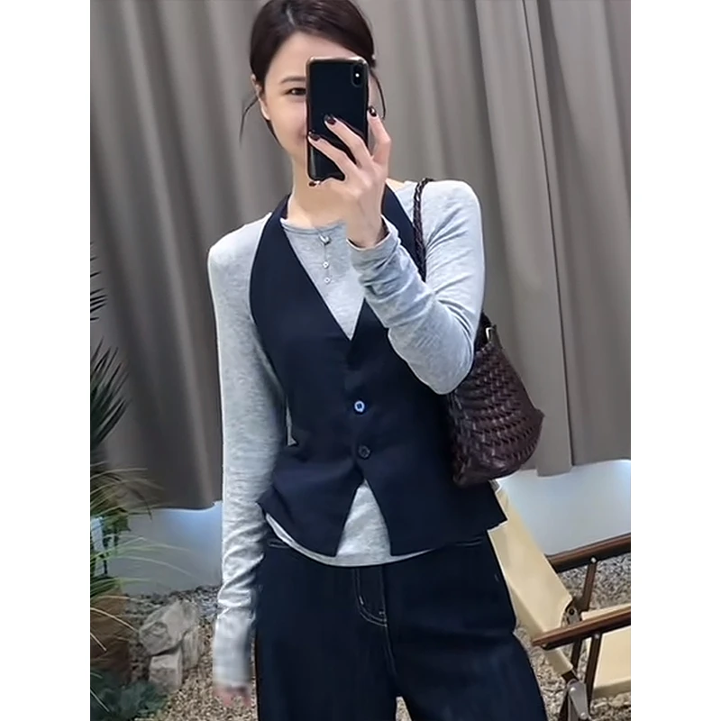 韩系穿搭叠挂脖背心马甲+长袖t恤内搭上衣时尚设计感两件套女ins