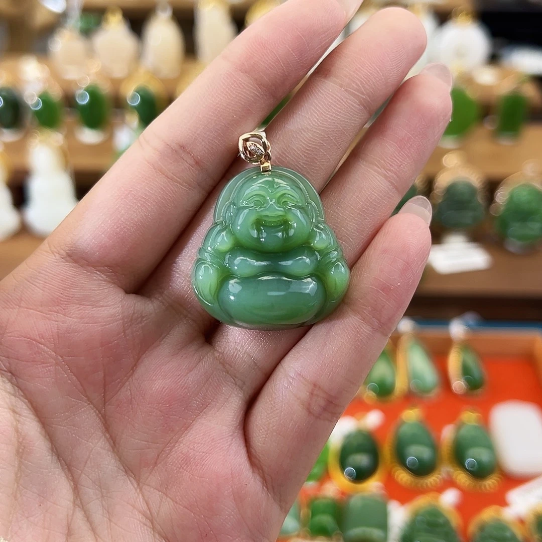吊坠(不含链)18K金镶嵌和田玉粉青猫眼佛公28mm