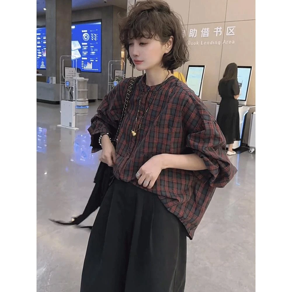 复古休闲格子衬衫女今年秋季新款圆领百搭慵懒风长袖衬衣上衣潮