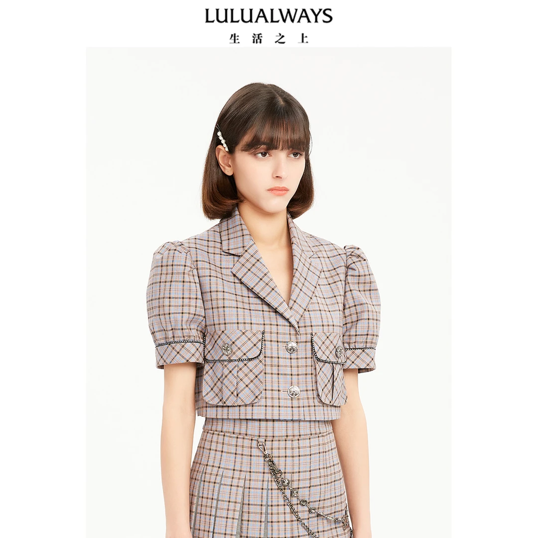 LULUALWAYS夏名媛短款复古职业格纹西装外套LNB1018