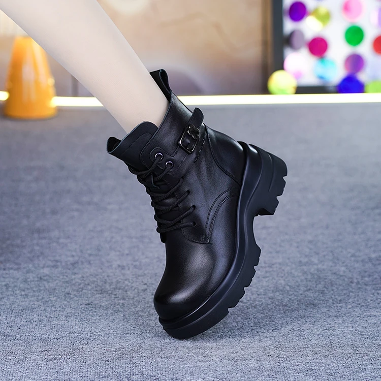 6632新款头层牛皮粗跟圆头真皮百搭休闲时尚增高厚度防滑底马丁靴