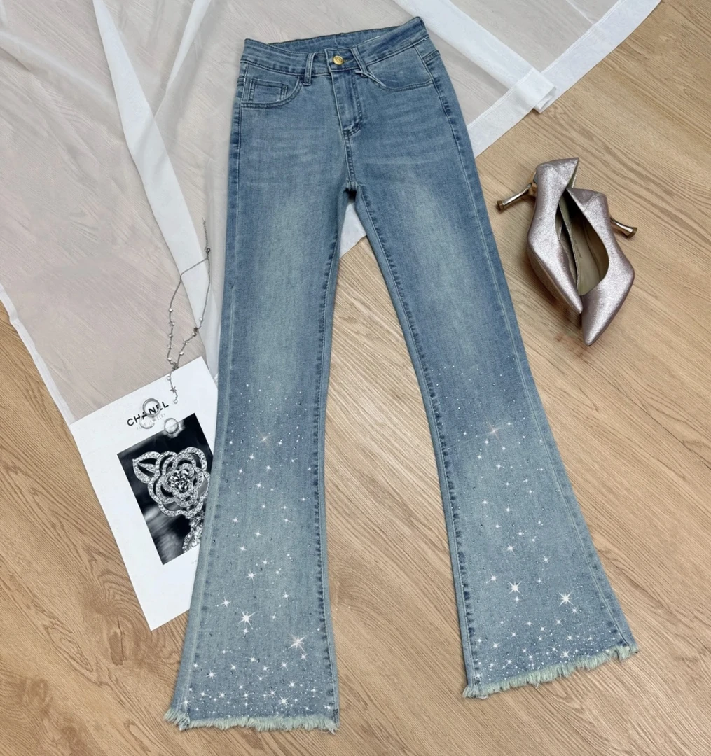 高腰烫钻弹力修身显瘦女士夏款微喇牛仔裤百搭偶有瑕疵介意勿裤子