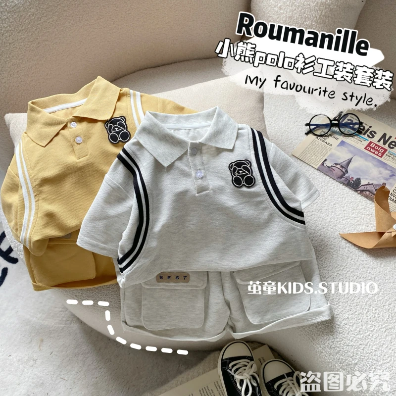 【麦麦妈】X140夏季中小童小熊polo衫工装套装新品男女宝两件套休闲