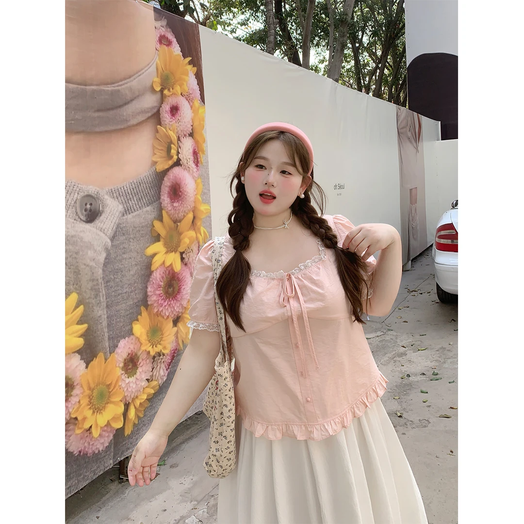 徐达布【野餐少女】粉色衬衫大码短袖宽松洋气上衣C31265C51春游