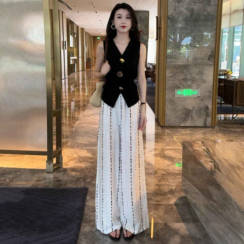 拉夏贝尔时尚套装女薄2025夏季新款显瘦无袖上衣休闲阔腿裤两件套