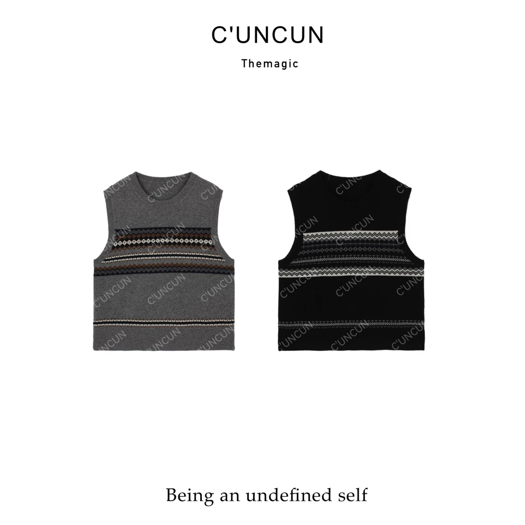 【村村CUNCUN】高品质通勤百搭洋气拼色提花圆领无袖羊毛马夹背心