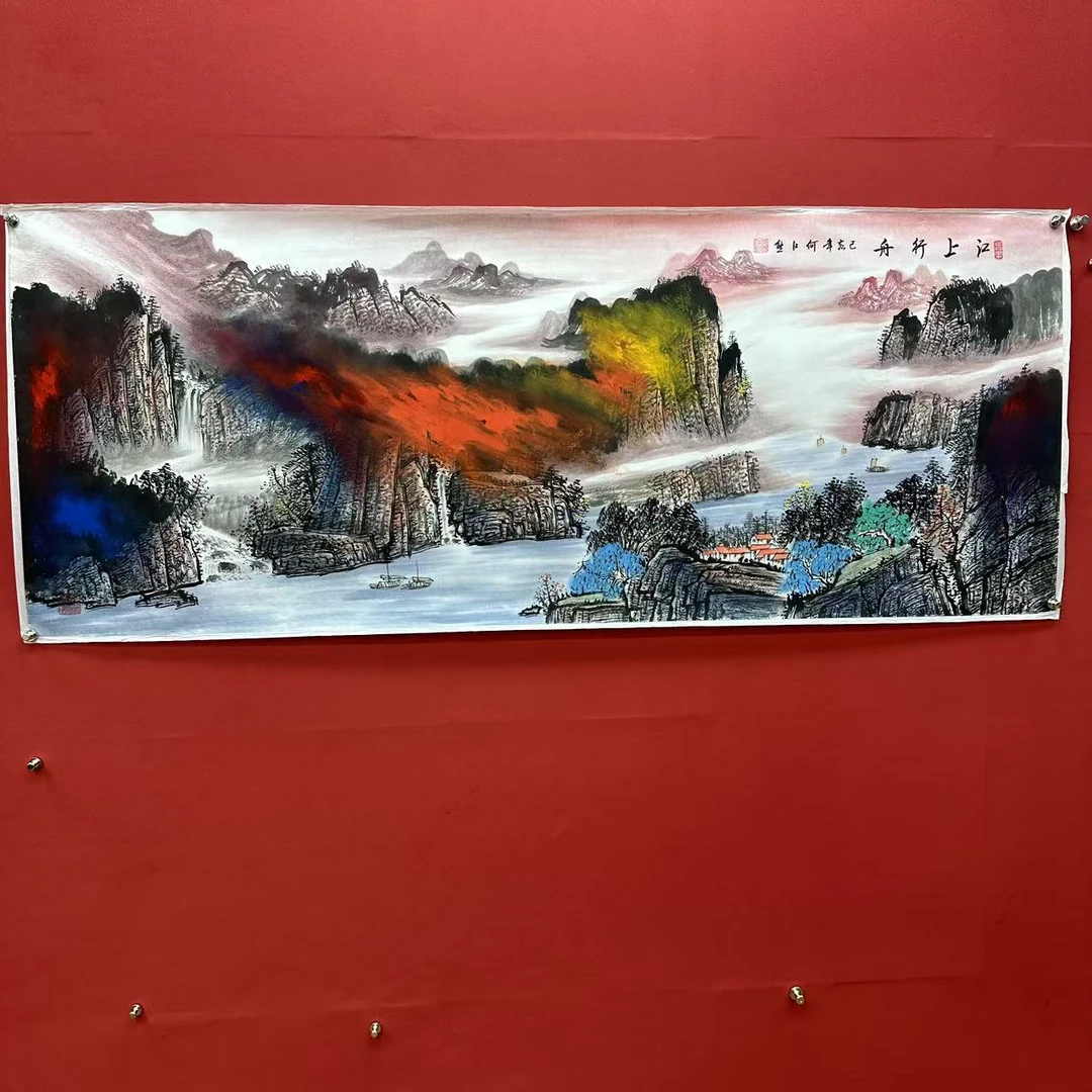 《江上行舟》六尺 何江熊手绘 山水国画3-8