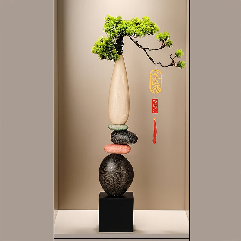入门玄关造景迎客松石来运转花瓶摆件客厅新中式细长高装饰工艺品