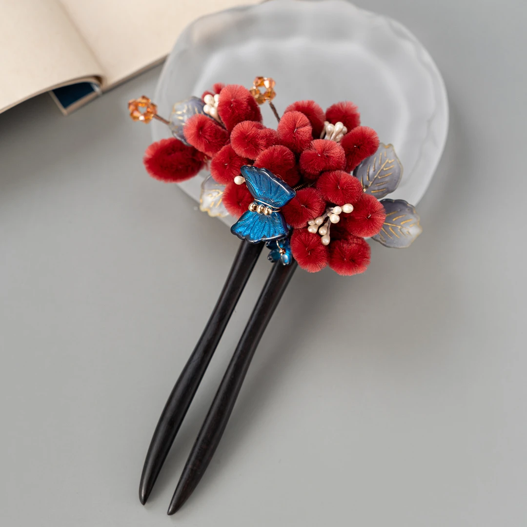 春亦轩红梅傲雪檀木发钗古典气质现代旗袍汉服绒花盘发U钗头饰女