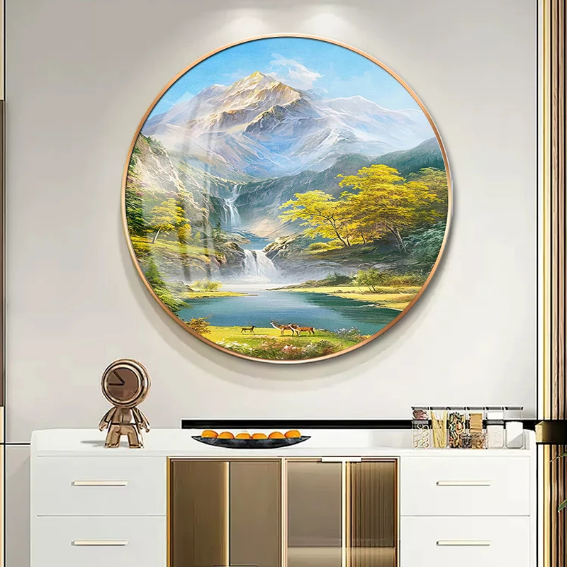 山水风景画客厅餐厅玄关走廊过道圆形装饰画聚宝盆大白墙靠山挂画