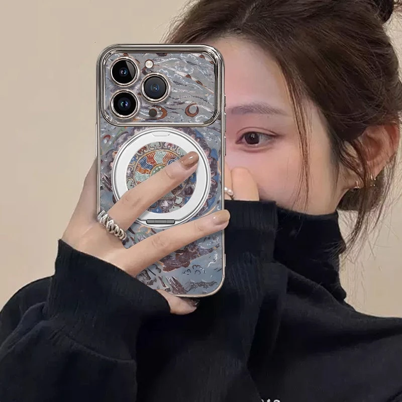 莲花敦煌图支架适用苹果16手机壳iphone15promax女14高级视窗新款