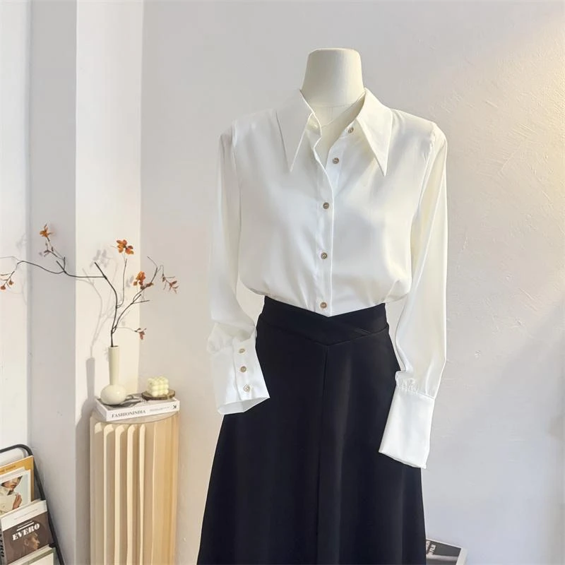 设计感小尖领白色缎面衬衫女长袖2025春新款气质通勤衬衣垂感上衣