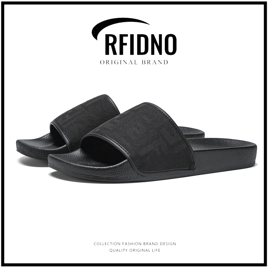 【官方正品】RFIDNO拖鞋男士刺绣高档室外夏季沙滩鞋居家浴室一字拖