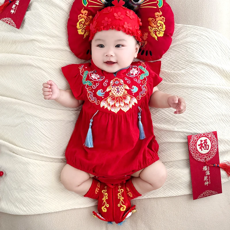 金玉满堂女宝短袖连体衣宝宝连身衣爬服夏季满月百天周岁抓周6268