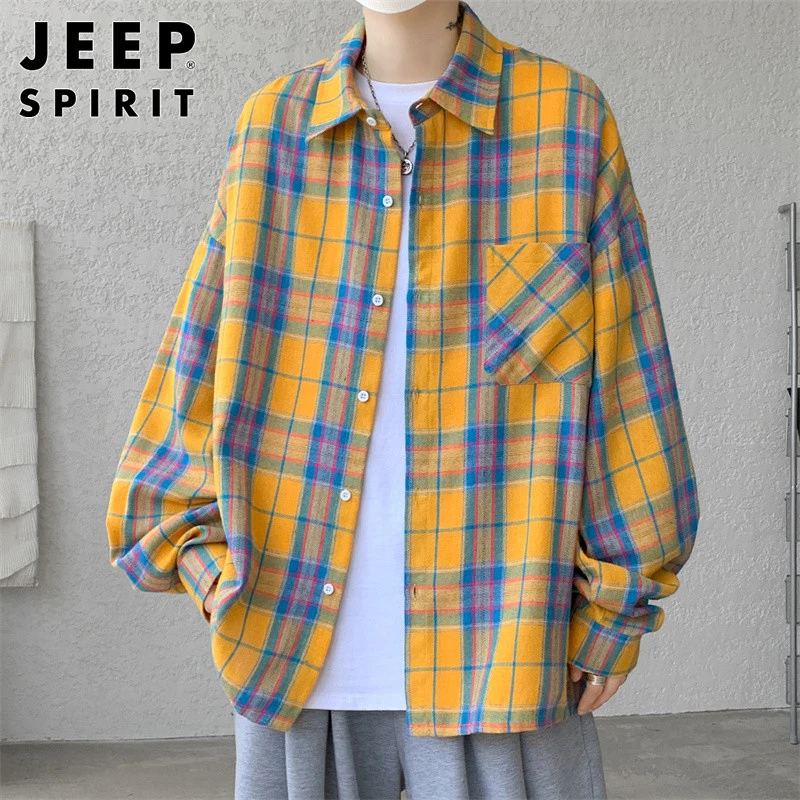 Jeep吉普男士长袖衬衫春秋季新款潮流韩版休闲百搭翻领格子衬衣男