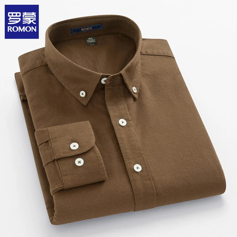 罗蒙高档新款纯棉磨毛衬衫长袖春秋男士休闲宽松纯色简约百搭衬衣