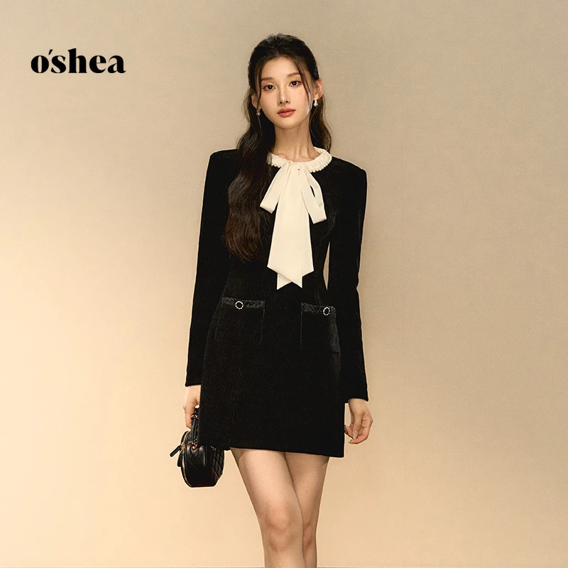 oshea【官方专享】千金风黑色针织连衣裙女2025秋冬长袖撞色a字短裙