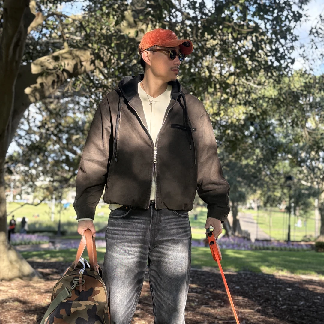 baggy美式复古水洗做旧短宽双拉链连帽夹克