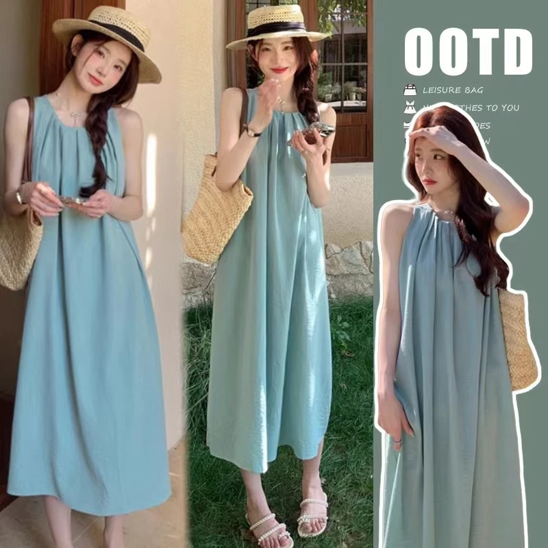 2025年夏季法式背心无袖哺乳连衣裙宽松显瘦海边度假辣妈吊带裙