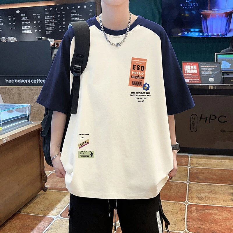 纯棉短袖T恤男学生宽松半袖夏季重磅拼接青少年个性体恤上衣潮流