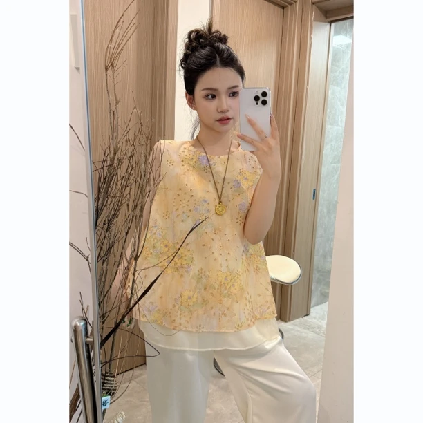 L & L 云云【青鸾】新中式假两件提花拼接无袖背心夏季新款时尚百搭