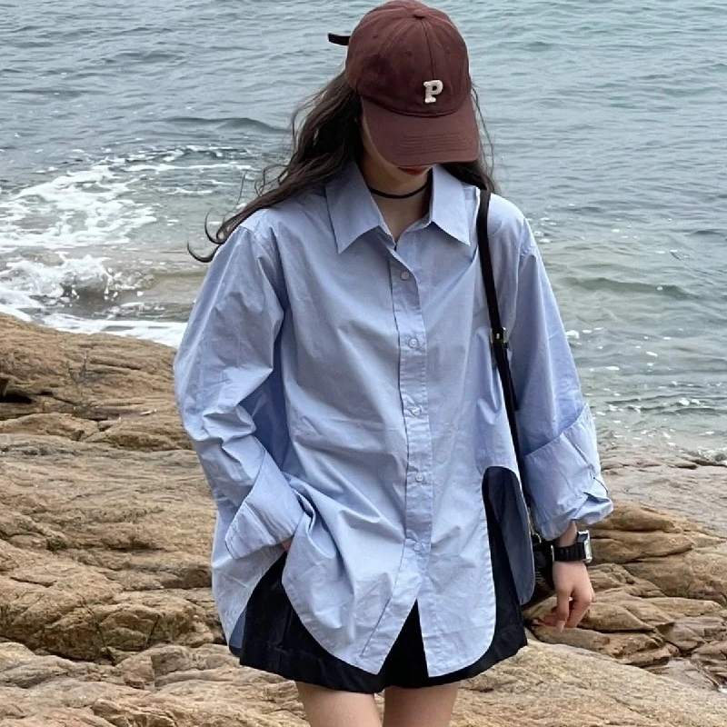 时髦精早春穿搭韩里韩气蓝色凹槽复古衬衣+皮短裤休闲两件套装女