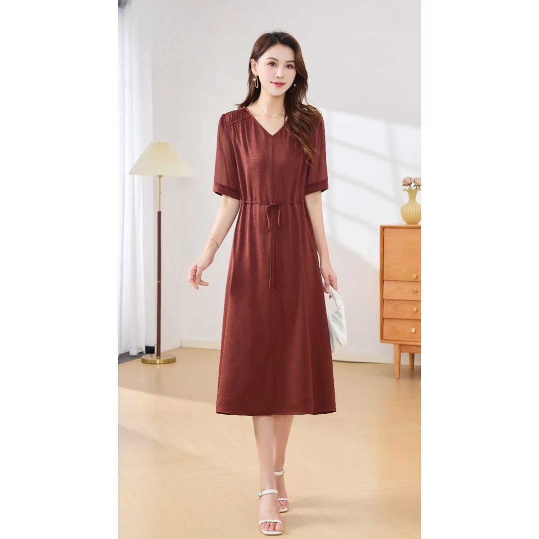 新款纯色连衣裙夏季优雅裙子气质妈妈系带显瘦长裙