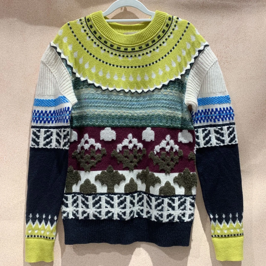 99新 BURBERRY/博柏利 蔚蓝/拼色圆领羊绒羊毛衫宽松针织衫 XS