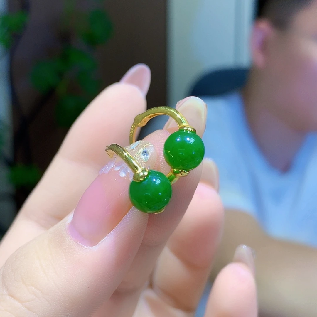 银S925镀金镶嵌和田玉（碧玉）耳饰