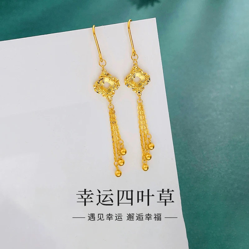 老鳯祥足金999渐变金珠流苏幸运四叶草黄金耳饰送女友礼物*商城