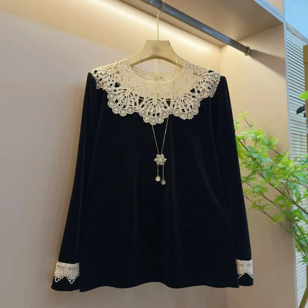 时尚轻奢新款微透拼接丝绒显瘦百搭遮肉上衣（长63左右）