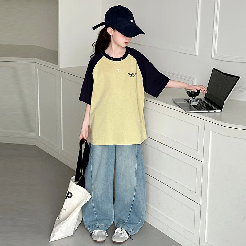 女童套装夏装2025新款网红洋气休闲宽松儿童短袖T恤牛仔裤两件套