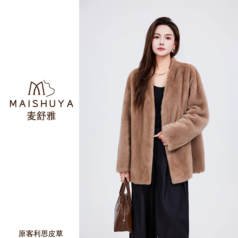 【中秋券】进口水貂貂皮大衣100%真貂女款正品V领爆款貂毛外套