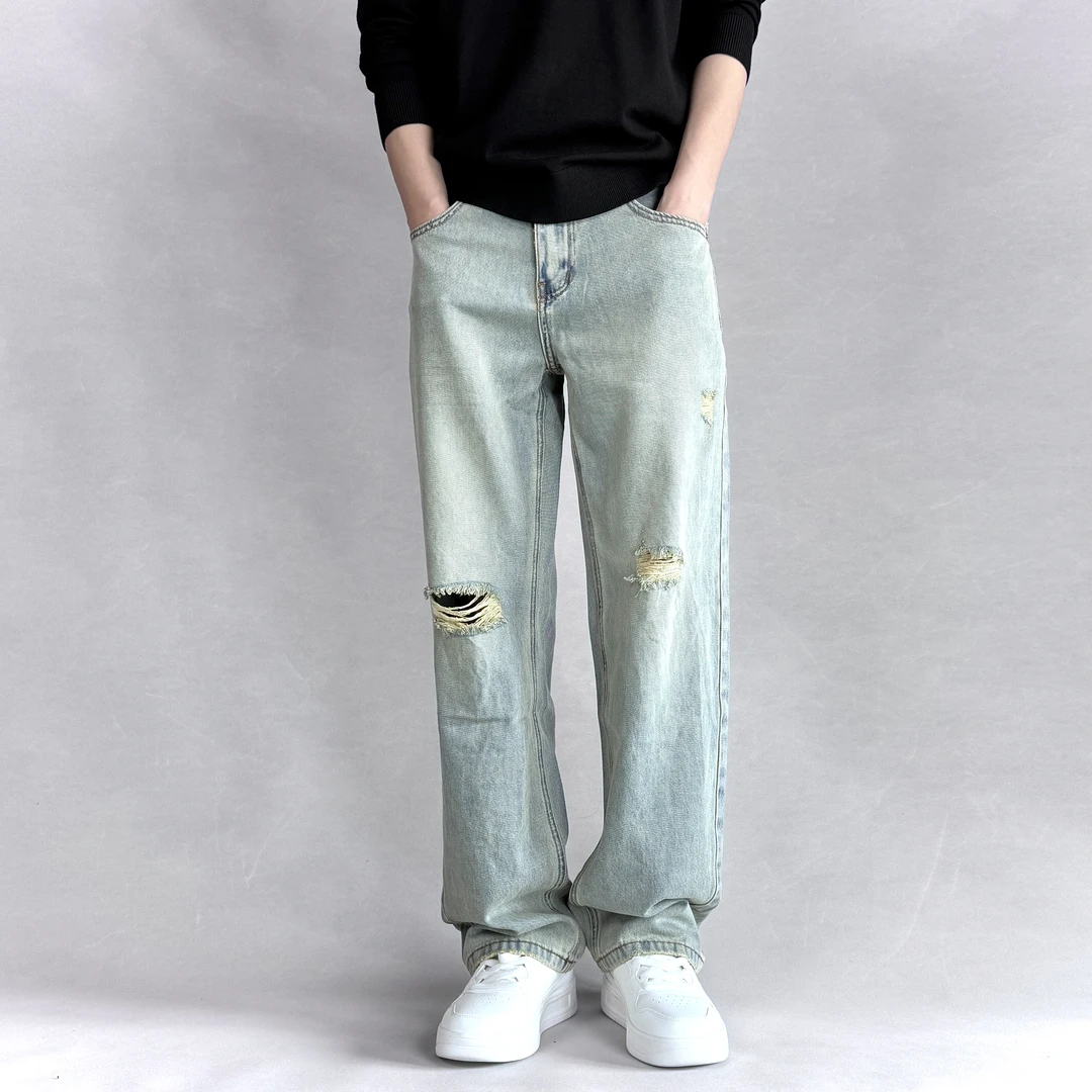 【宽松大直筒】春夏薄款破洞轻柔软牛仔裤男款美式休闲复古水洗做旧
