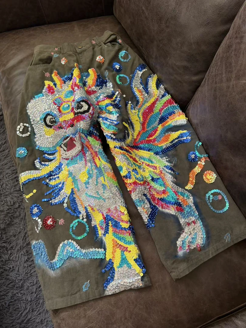 A929 网红时尚休闲女士国风中式印花重工设计师民族风裤子