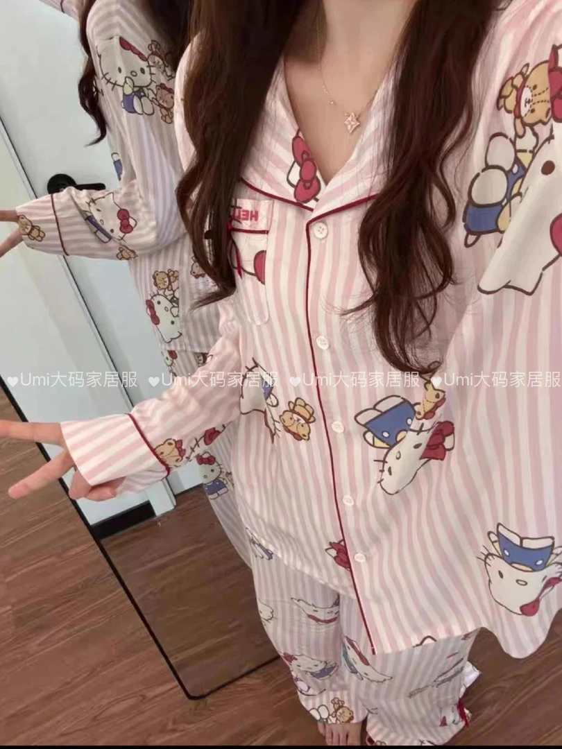 大码睡衣女120斤到260斤宽松显瘦版型长袖长裤可爱kitty印花套装