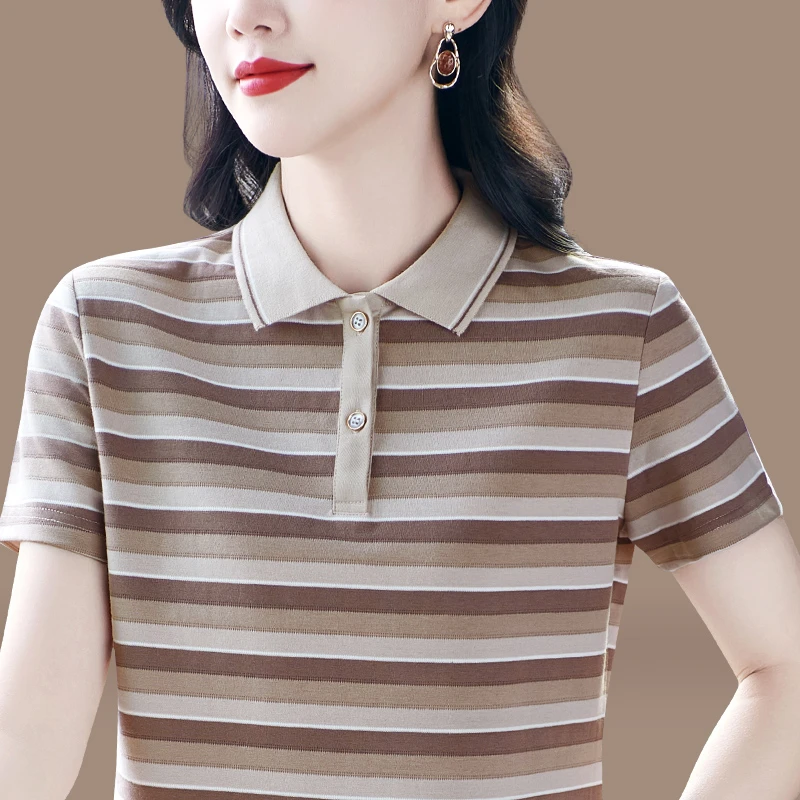 高级感棉质短袖t恤女夏2025新款妈妈polo衫宽松拼色条纹上衣翻领