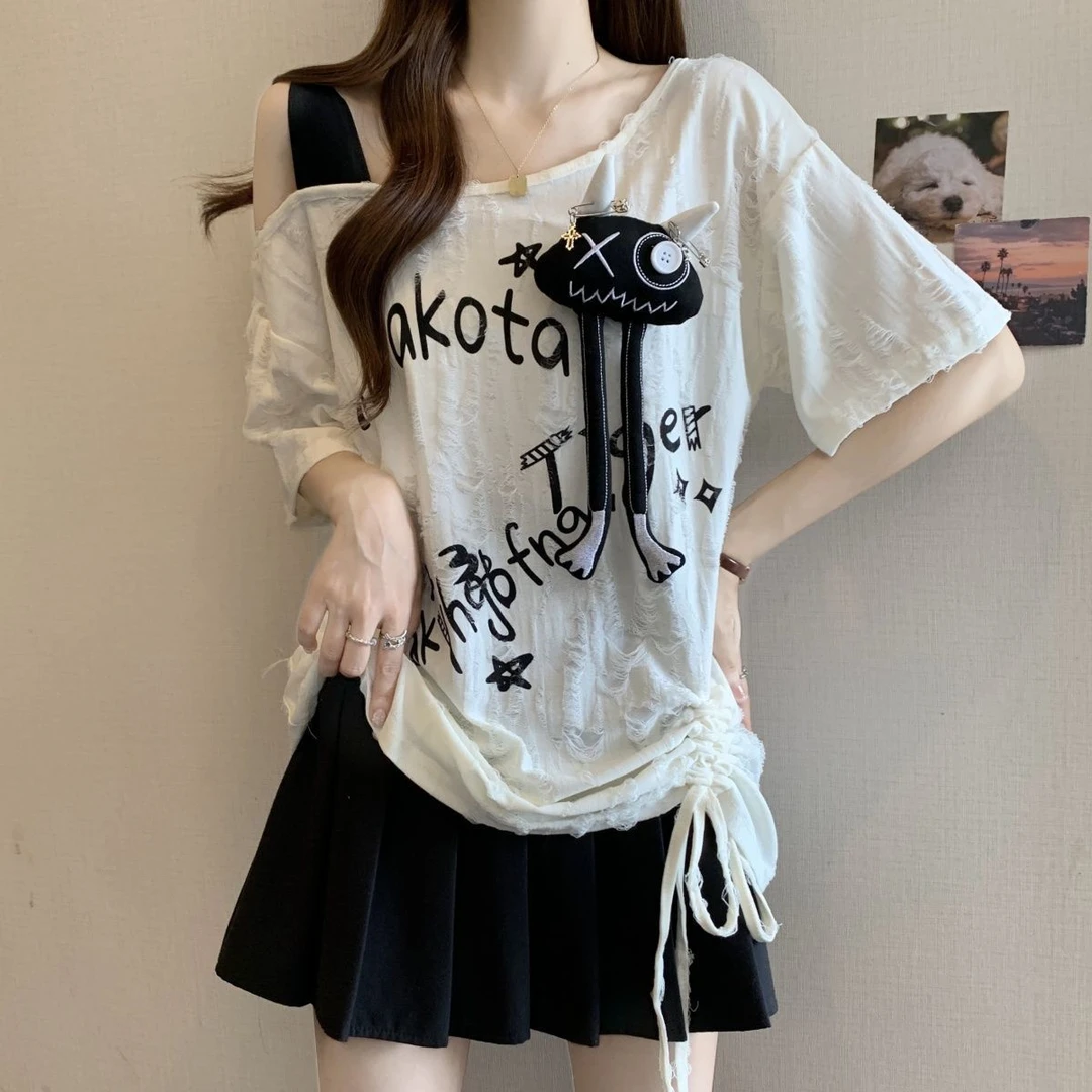 大码破洞抽绳褶皱露肩短袖t恤女夏新款胖mm宽松显瘦遮肉斜领上衣